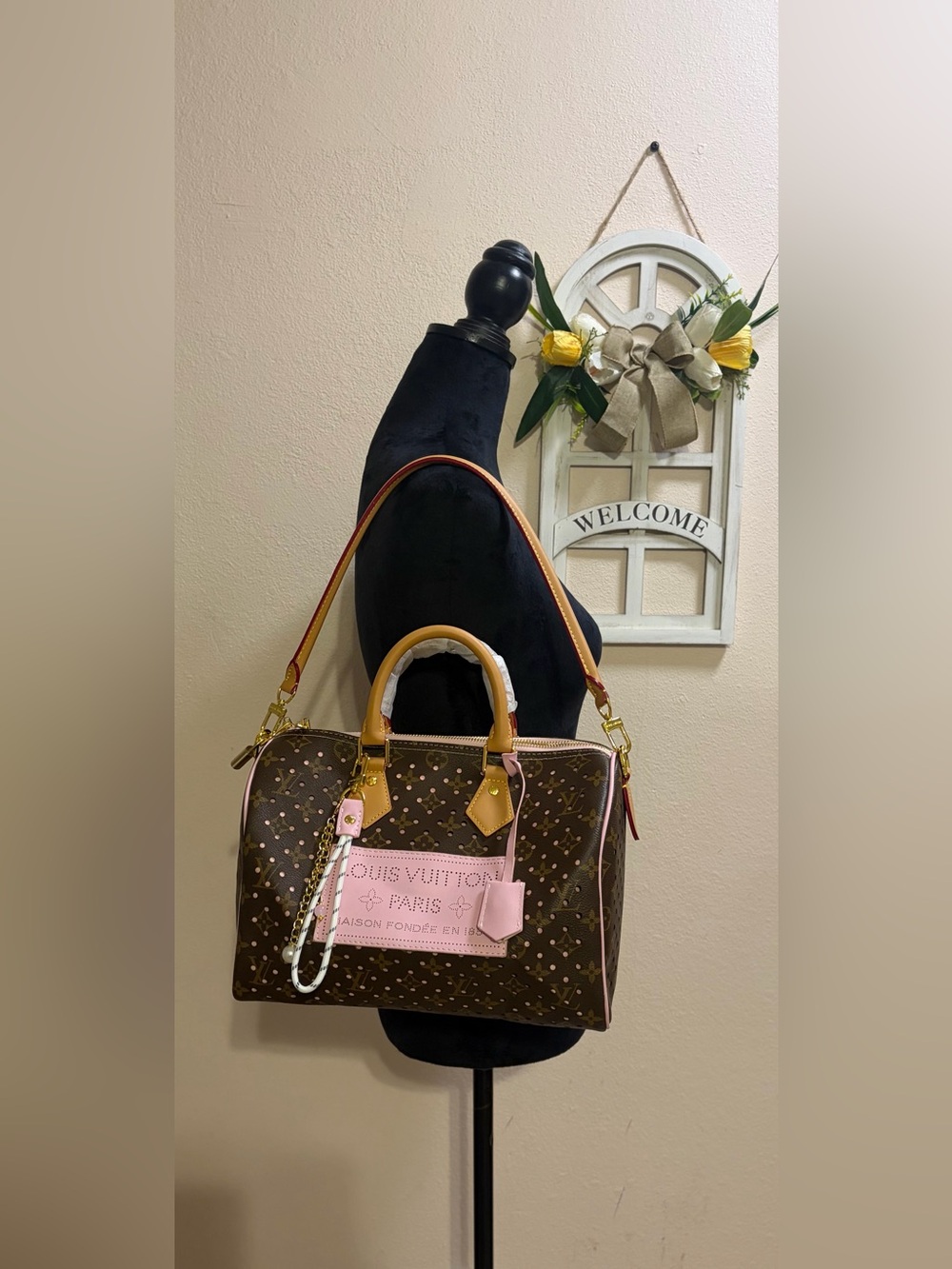 Fashion Brown & Pink Mono Soft Leather Speedy 30 Satchel